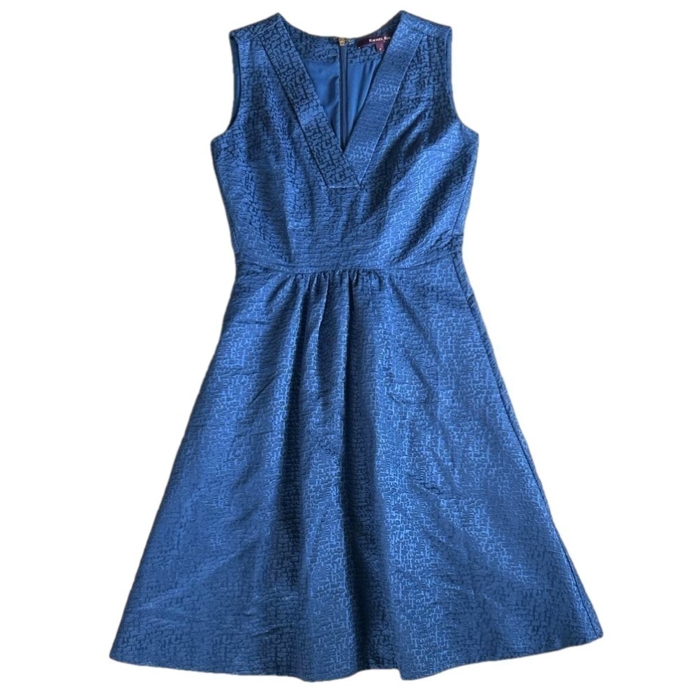 Rachel Roy Silk blend v neck Aline midnight blue textured geometric dress size 0